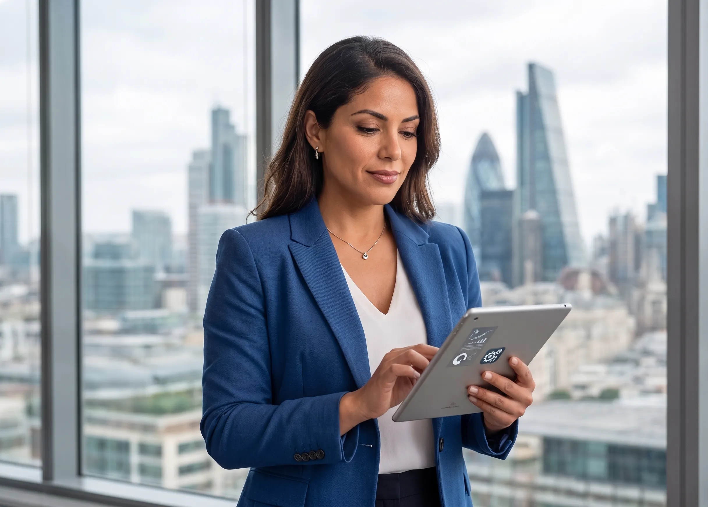 stylish female entrepreneur owner of small boutique shop in Dubai, browsing tablet, bright ai